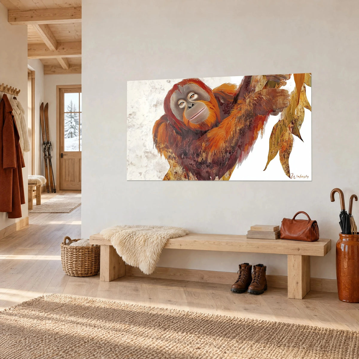 Wall art of a ginger monkey perched on a branch, copper and deep brown fur, speckled white background, wooden bench of a chalet