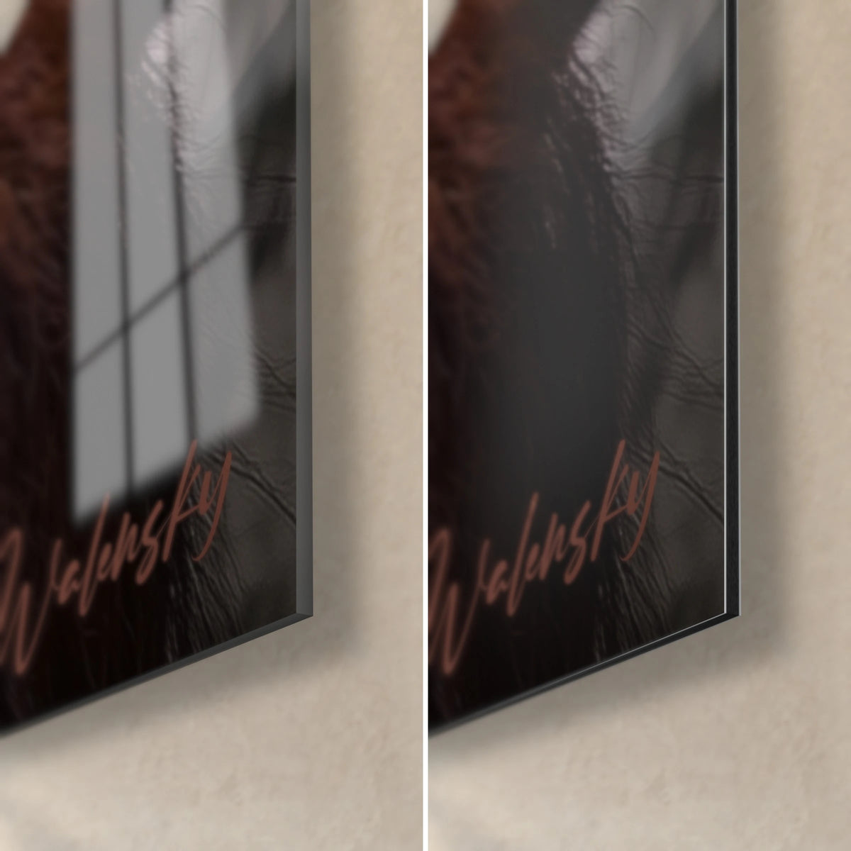 Wall art red-haired primate, bottom right corner: glossy acrylic glass with reflections on the left, matte black Dibond aluminium on the right, 3 mm edge