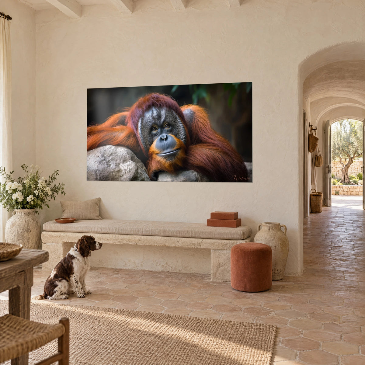Wall art large ape with long russet fur, bluish muzzle and amber eyes, cream wall of a farmhouse, seated spaniel below