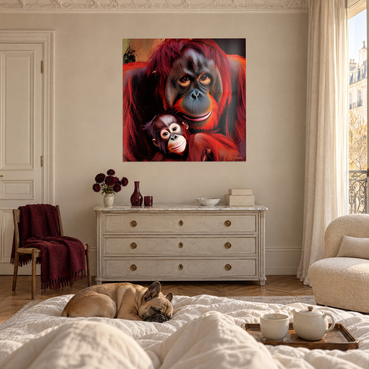 Schilderij grote roodharige aap die haar baby beschermt, rode vacht en grijze snuit, boven een bed in een lichte slaapkamer