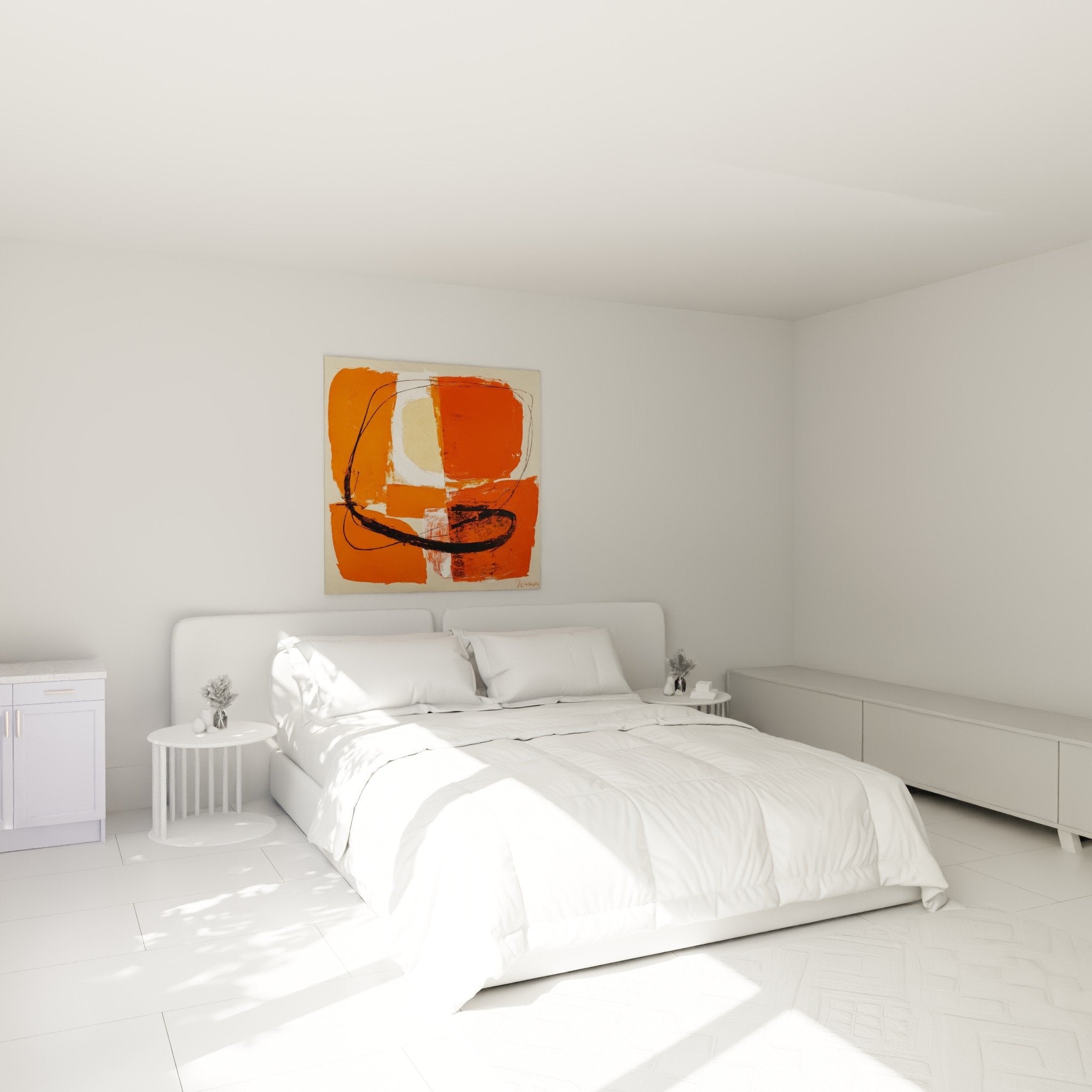 Abstraktes orange-beiges Gemälde im modernen Schlafzimmer, weiße Wand, Feng-Shui-Dekoration, Süden Feuer, zeitgenössisch