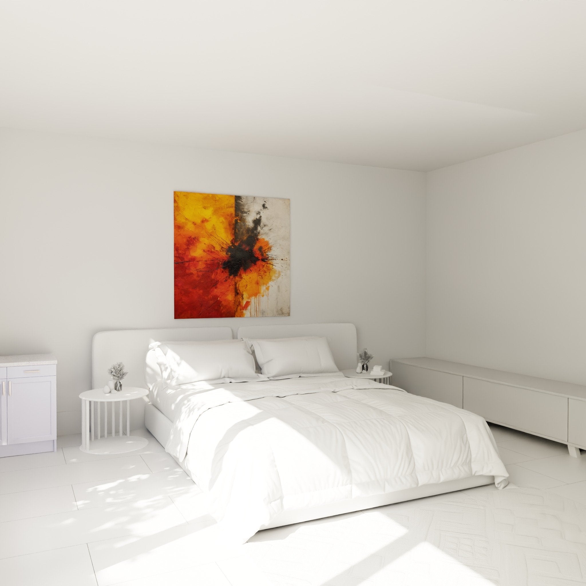 abstraktes Gemälde orange schwarz modernes Schlafzimmer Wanddekoration Feng Shui Energie Süden Feuer