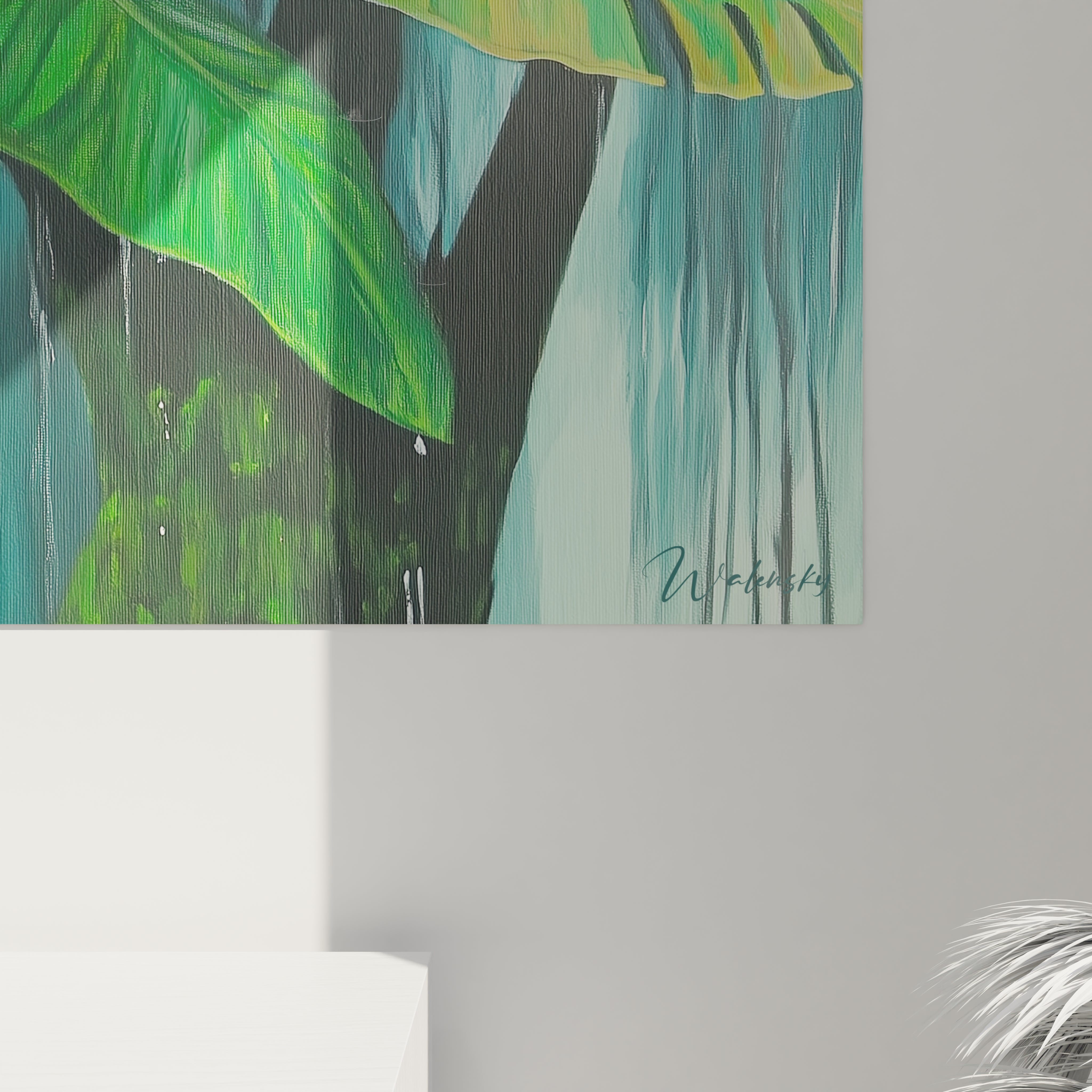 Tableau orang outan Walensky avec peinture détaillée de feuilles vertes sur fond bleu