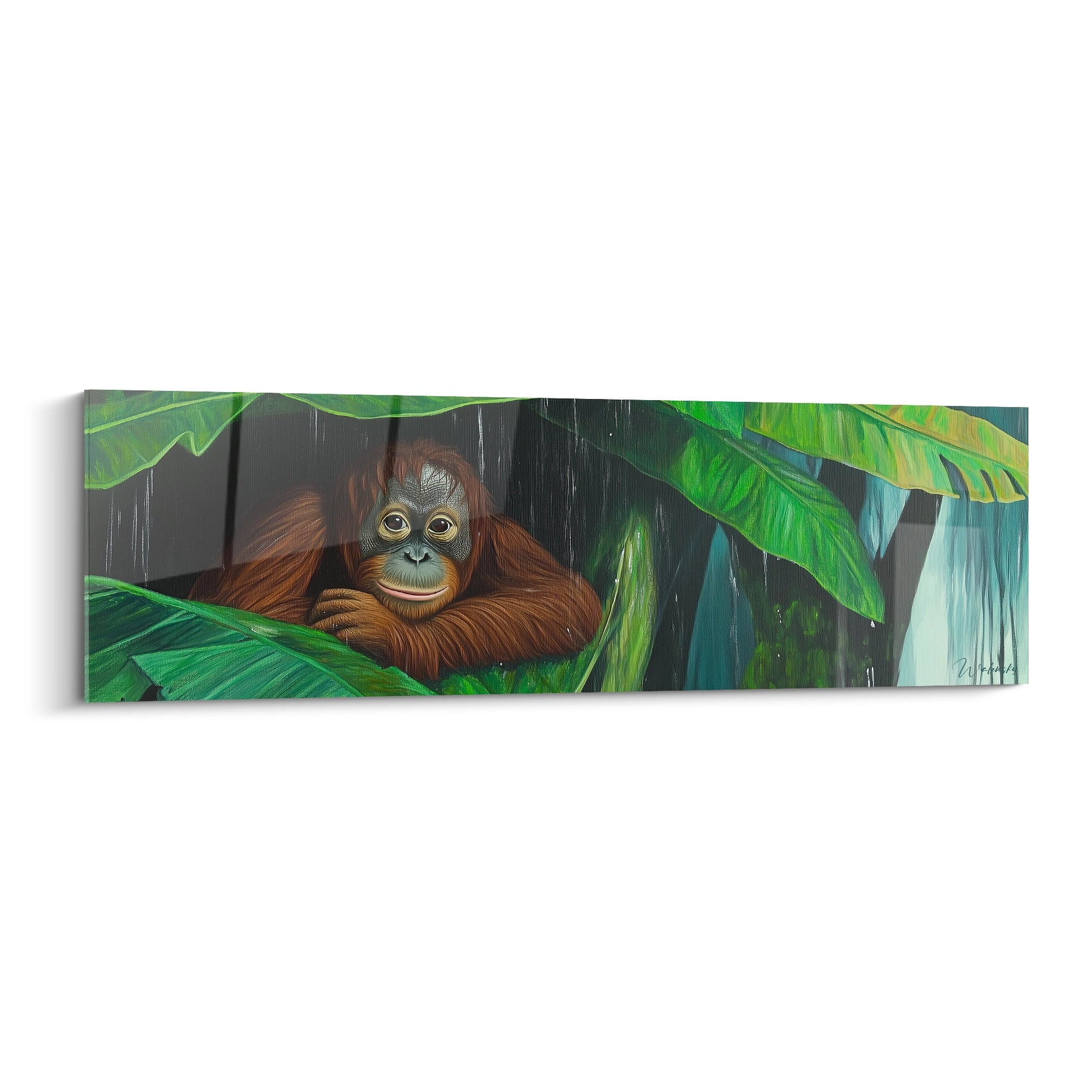 Tableau orang outan Walensky avec singe roux couché sous feuilles tropicales vertes