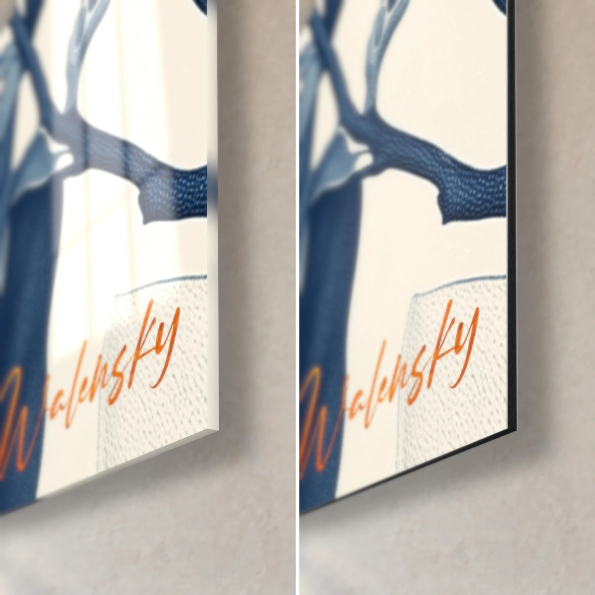 Wall art white blossom, bottom right corner, orange Walensky signature, blue leaves, glossy glass and matte Dibond