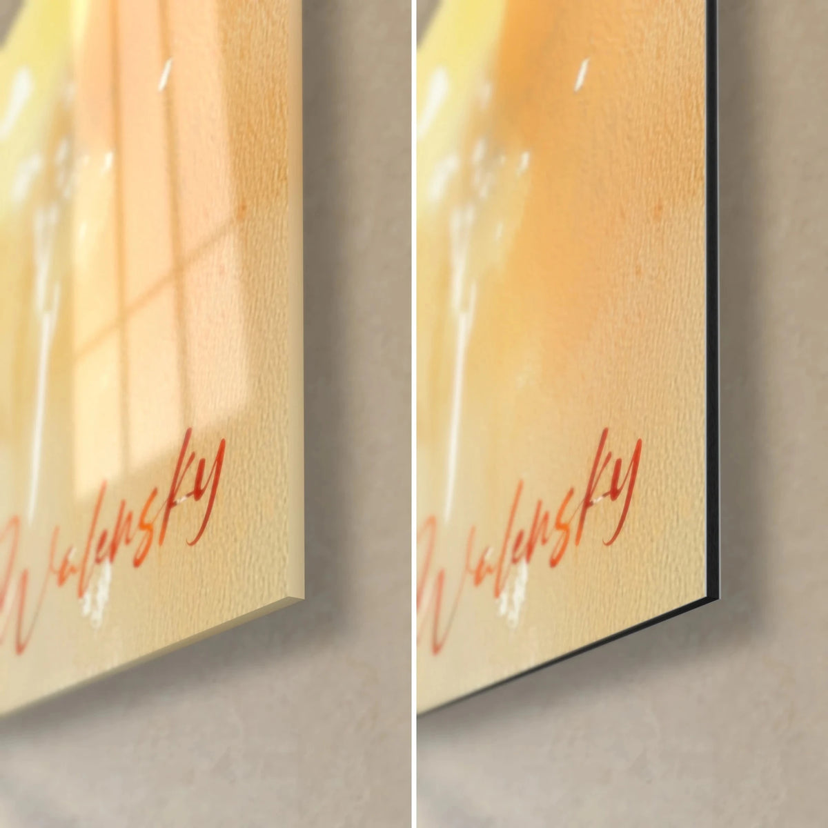 Quadro clementine e firma rossa Walensky, angolo in basso a destra: vetro lucido a sinistra, alluminio Dibond opaco a destra