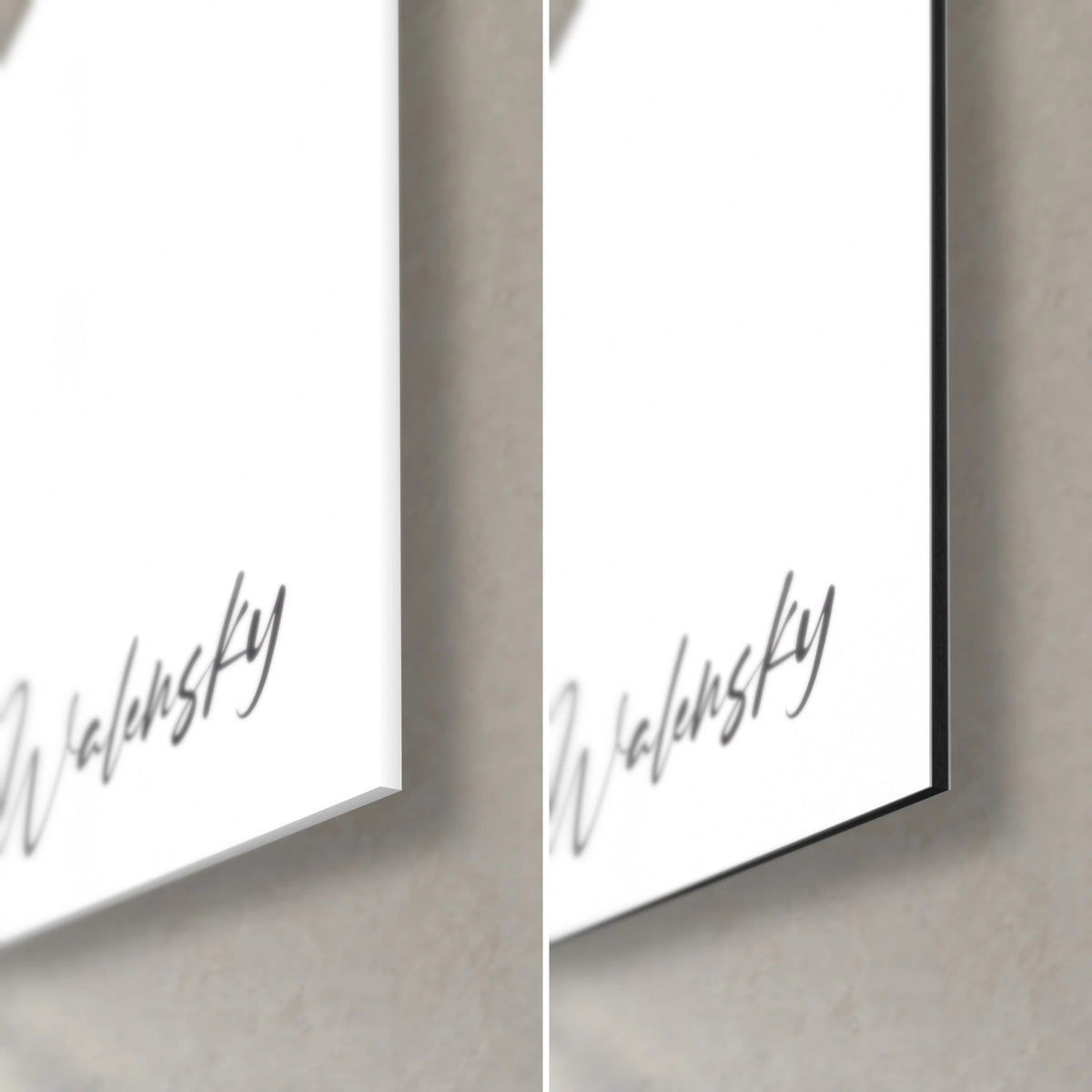 Gemälde Tintenorbit mit schwarzen und grauen Tropfen, rechte untere Ecke signiert Walensky: glänzendes Acrylglas und matt gebürstetes Dibond, 3 mm Stärke