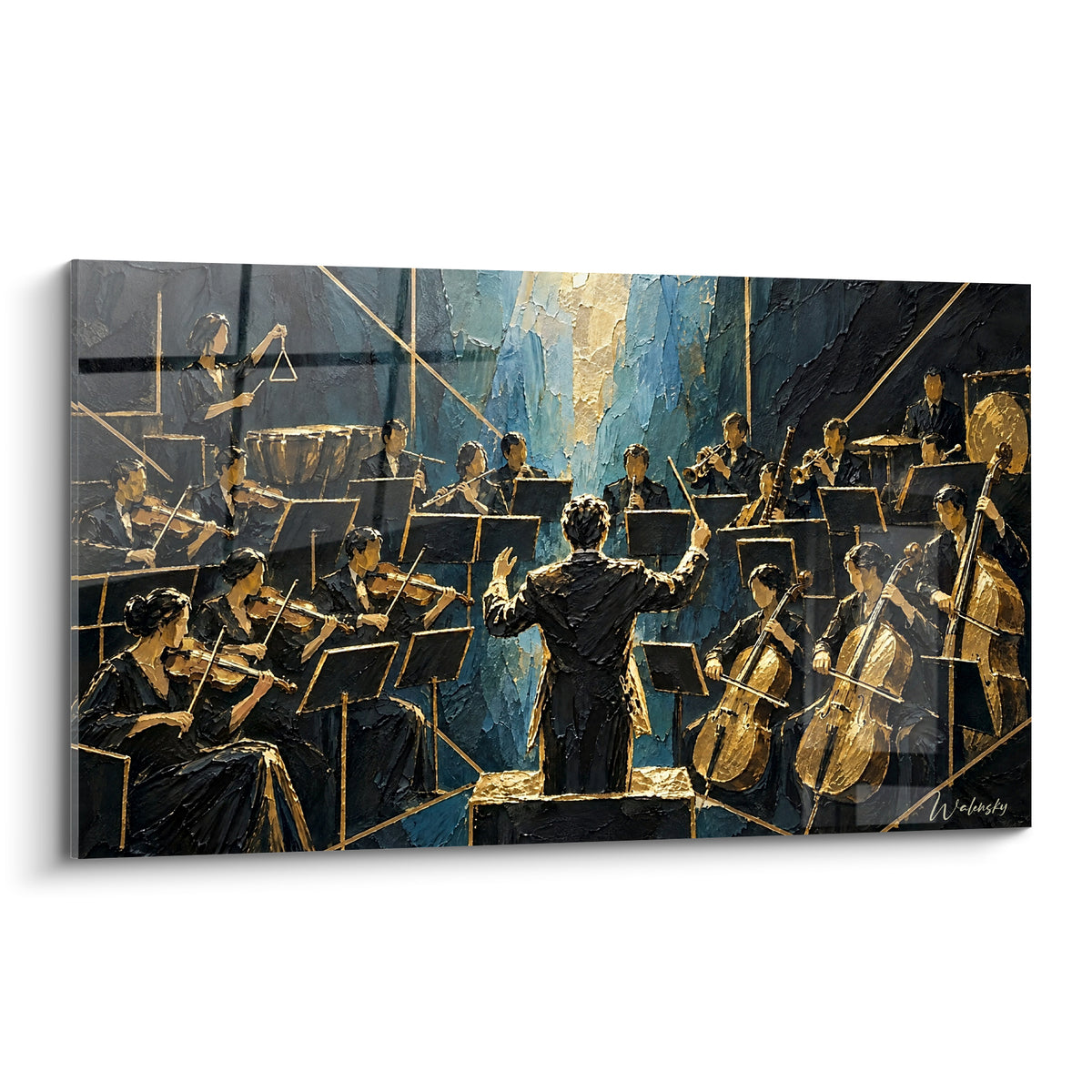 Tableau orchestre doré dirigé par un chef de dos sur fond bleu nuit texturé au couteau