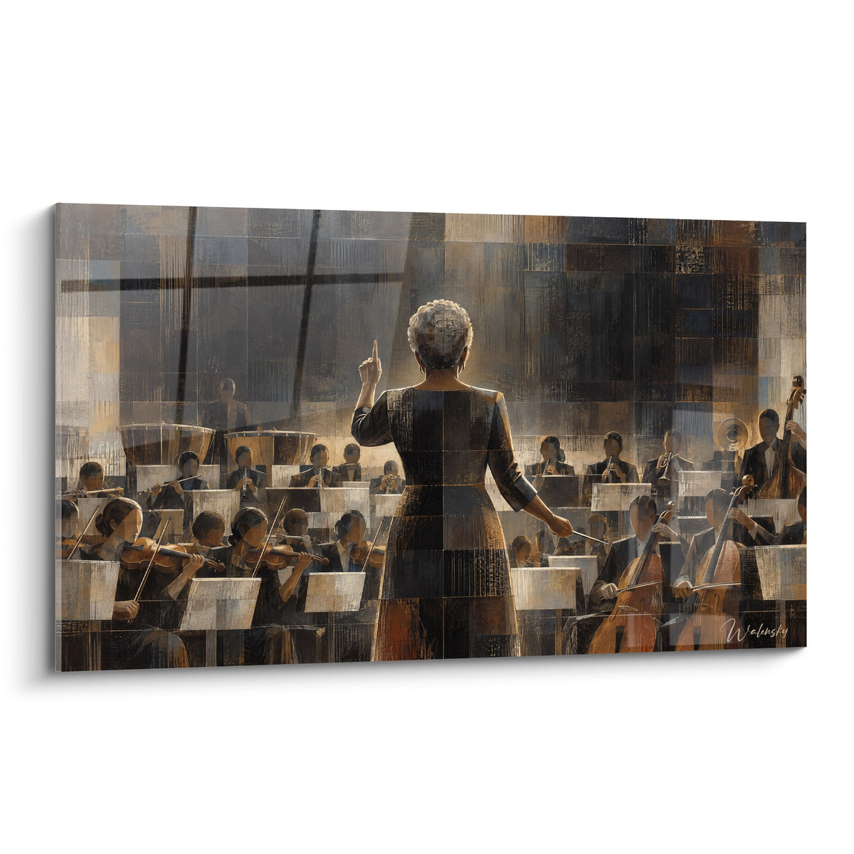 Tableau cheffe d'orchestre en robe anthracite et dorée dirigeant des musiciens assis