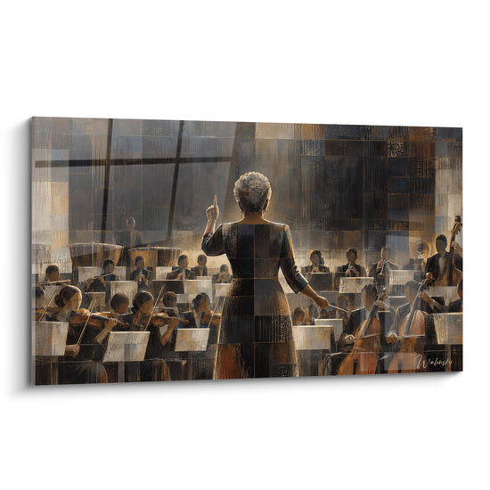 Tableau Cheffe brune et dorée dirigeant les musiciens - Instant avant la musique - Edition Orchestre