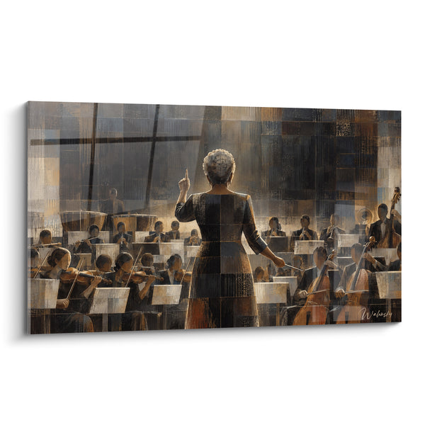 Tableau Cheffe brune et dorée dirigeant les musiciens - Instant avant la musique - Edition Orchestre
