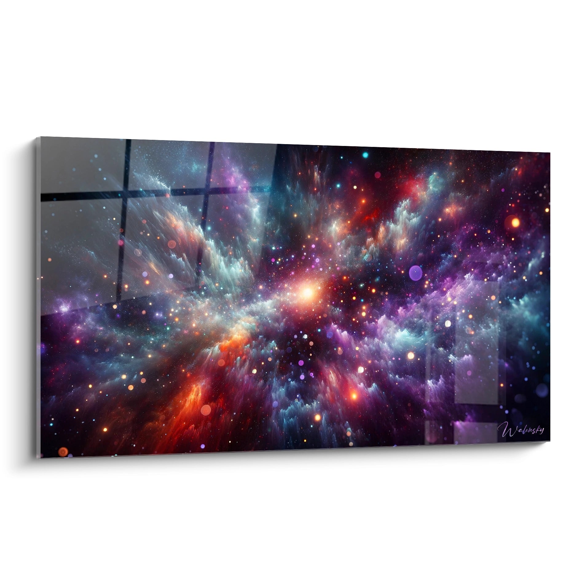 Tableau abstrait représentant un paysage cosmique avec nébuleuses colorées. Fond noir profond parsemé d'étoiles multicolores et nuages gazeux. Palette riche de bleu turquoise, violet améthyste, rouge orangé et points lumineux variés. Composition centrée autour d'une source lumineuse dorée avec formations nébuleuses s'étendant radialement.
