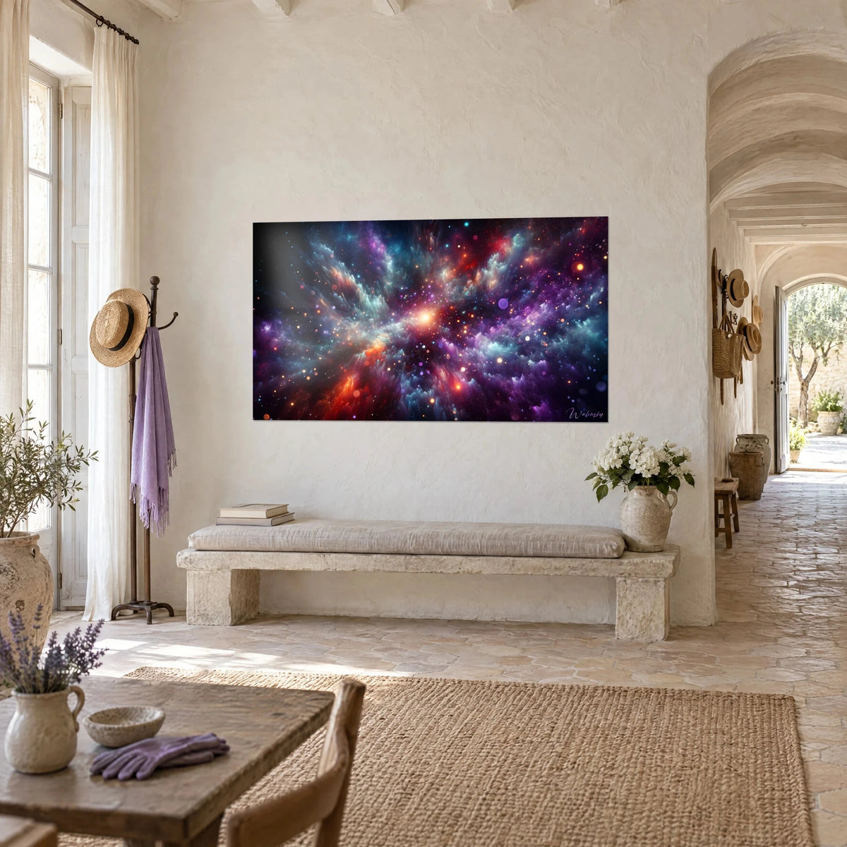 Cuadro explosión de estrellas con remolinos turquesa y púrpura, núcleo incandescente, colgado sobre un banco de piedra en un mas provenzal