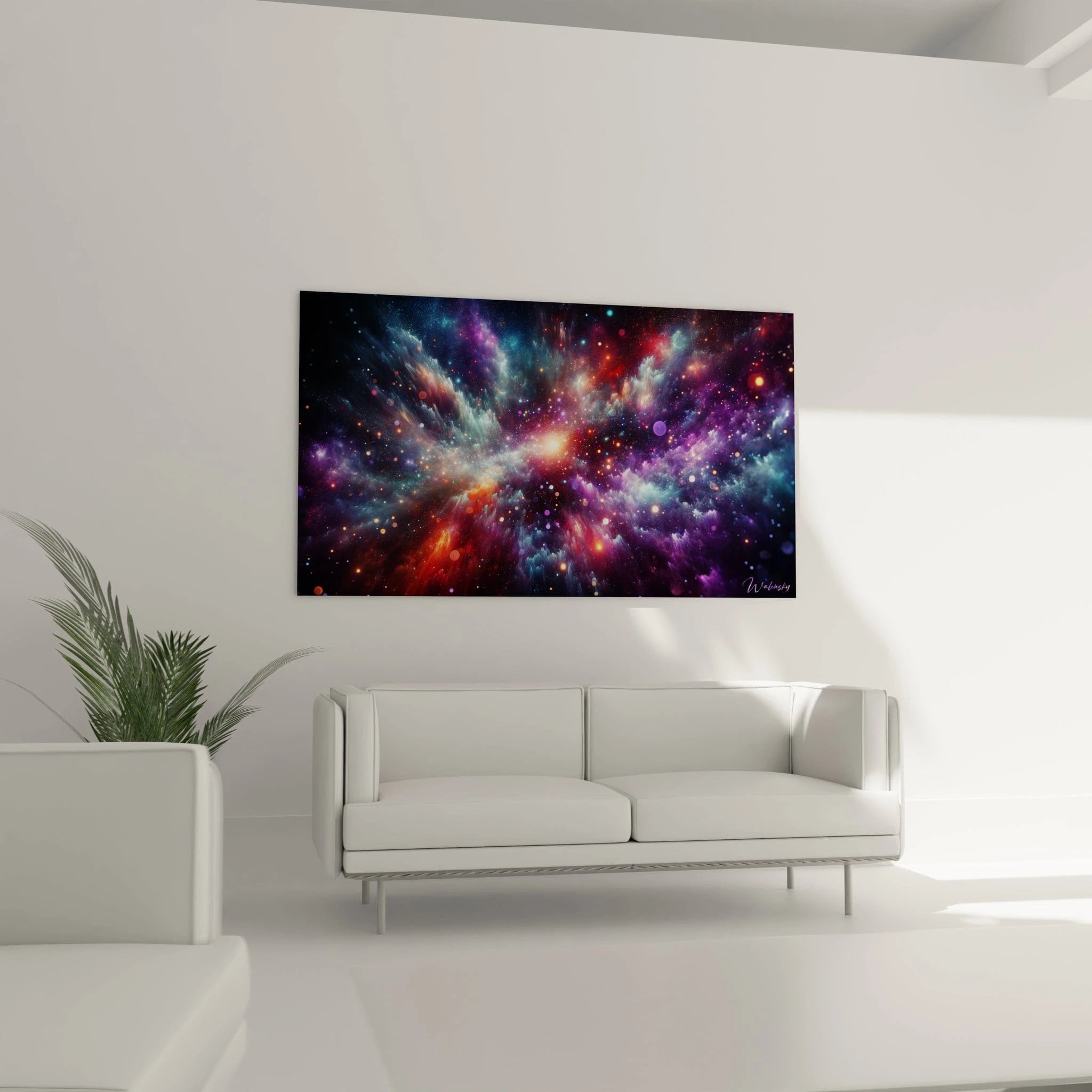 Tableau abstrait montrant une vue imaginaire de galaxie lointaine. Spectre chromatique de turquoise, violet, orange flamboyant et taches lumineuses blanches et colorées. Effet visuel d'immensité cosmique avec nébuleuses diffuses et étoiles scintillantes. Composition dynamique avec centre brillant et extensions gazeuses créant une impression d'expansion.
