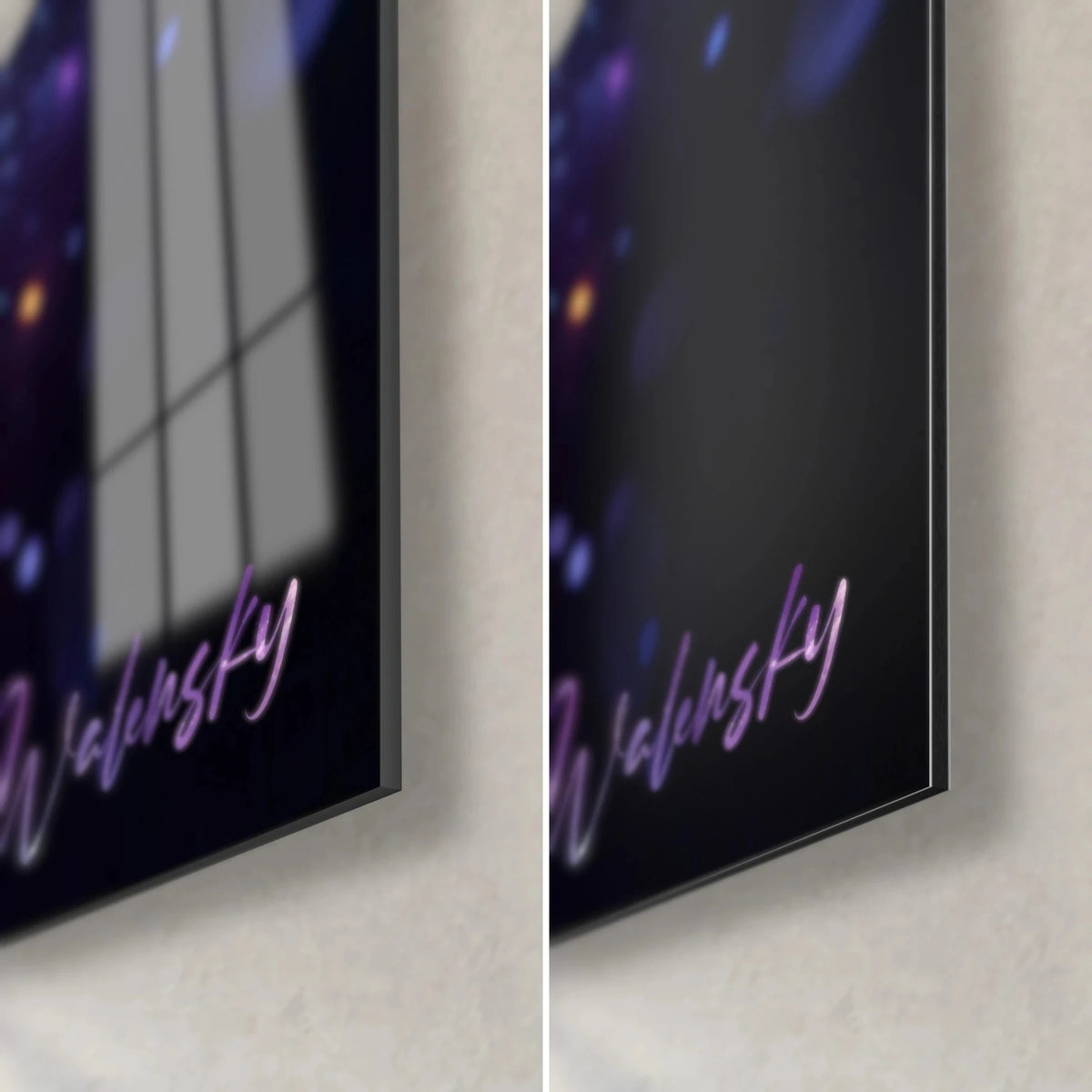 Cuadro galaxia violeta y azul noche, esquina inferior derecha: cristal acrílico brillante con reflejos, aluminio Dibond mate, canto de 3 mm