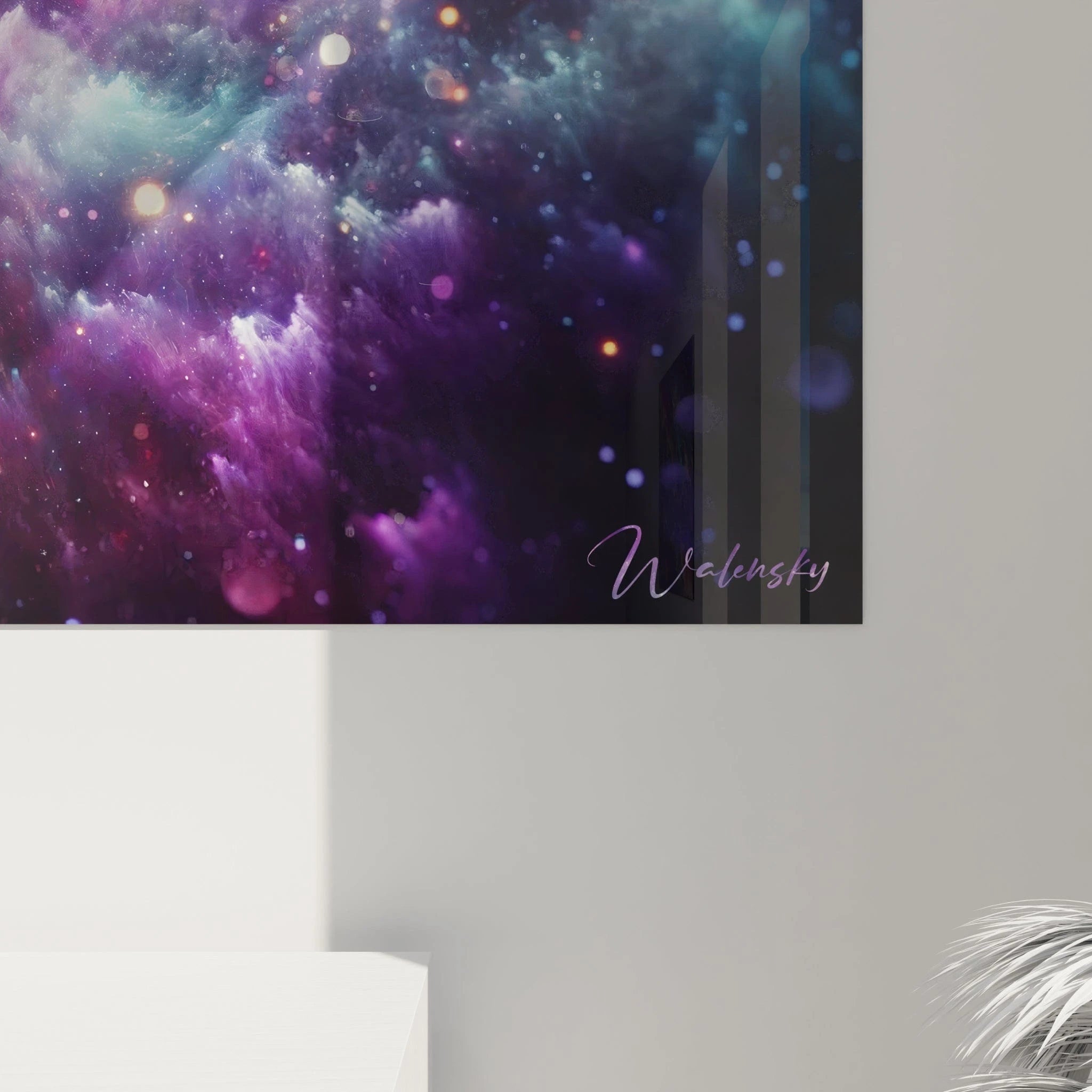 Tableau abstrait présentant un univers fantastique en explosion. Gamme colorée alliant bleu électrique, magenta, ocre doré et multiples points lumineux sur fond d'encre noire. Texture vaporeuse combinant brumes stellaires et orbes brillants dispersés. Motif centré sur un noyau éclatant avec formations nébuleuses rayonnantes évoquant un cosmos en perpétuelle évolution.
