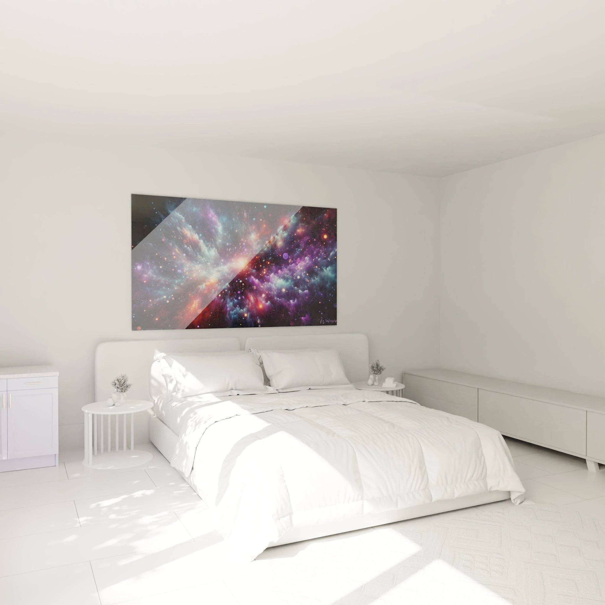 Tableau abstrait figurant un espace stellaire aux couleurs vibrantes. Dominantes de bleu cyan, pourpre profond, rouge écarlate et points lumineux sur noir spatial. Surface texturée par voiles gazeux et particules brillantes de différentes tailles. Structure avec point focal lumineux central et nuages cosmiques formant des bras spiralés.
