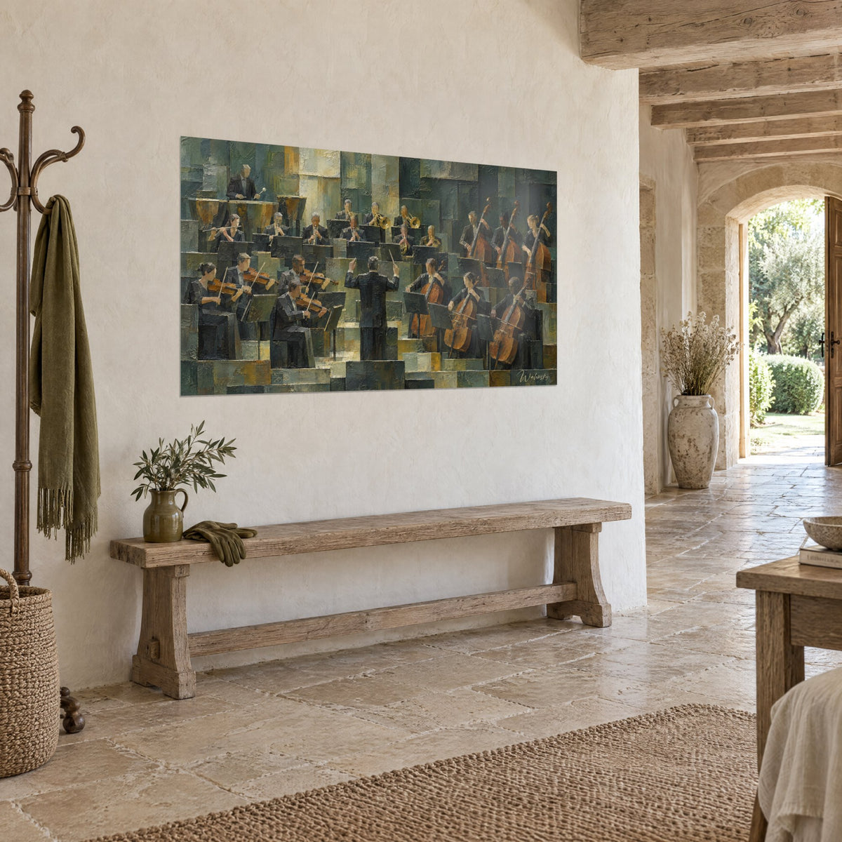 Tableau musiciens en frac sur gradins de mosaïque gris-vert et cuivre, vue de trois quarts sur un mur blanc de pierre