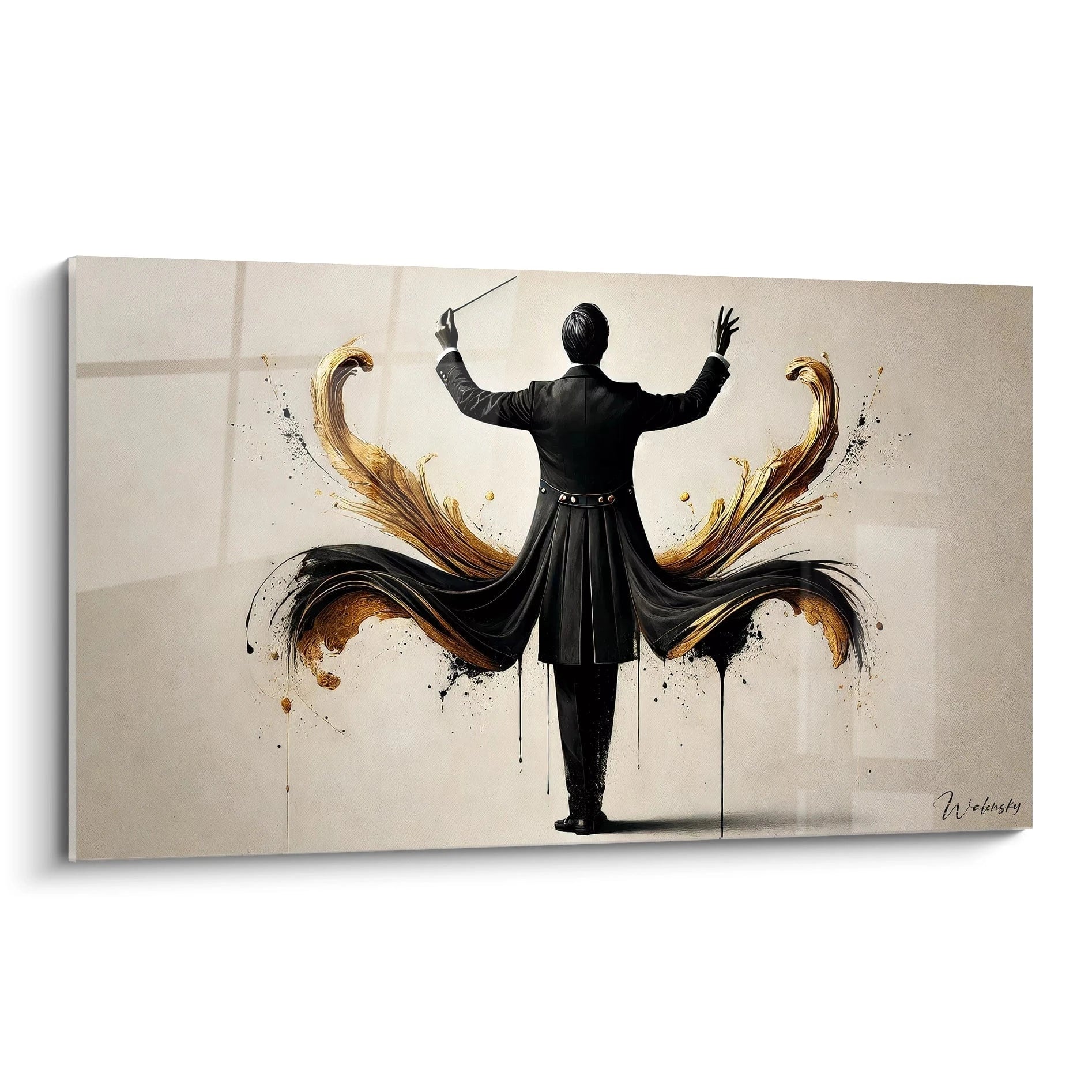 Un musicien orchestrant une symphonie abstraite dans un tableau musical, aux textures dorées et éclats noirs.
