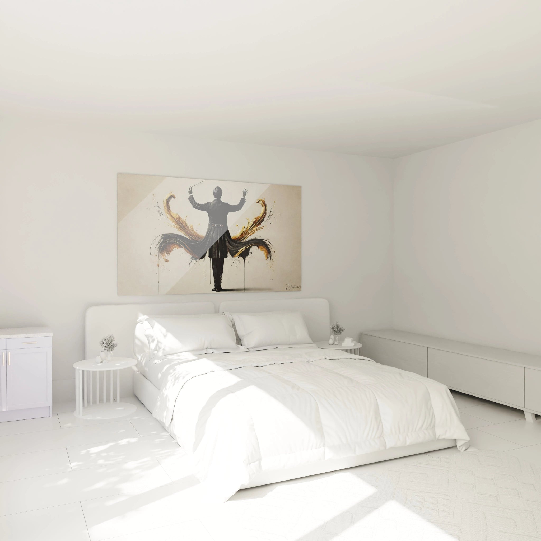 Un tableau musique abstrait au-dessus d’un lit dans une chambre, créant une ambiance apaisante et artistique.
