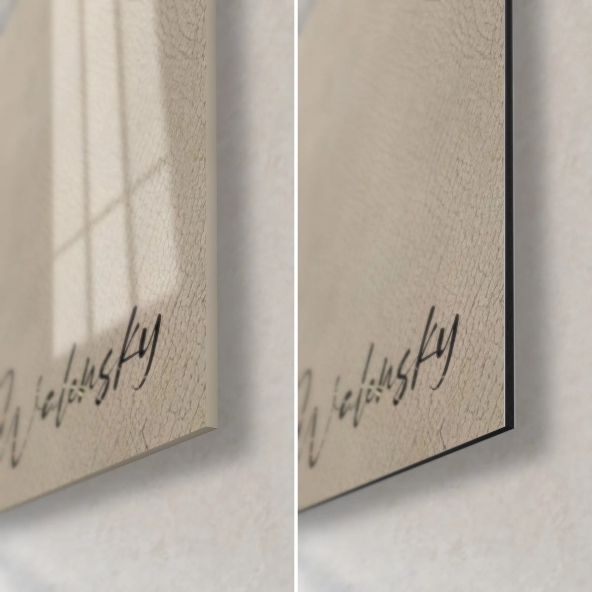 Tableau maestro en queue-de-pie, coin bas droit : signature Walensky, verre acrylique brillant à gauche, Dibond noir mat à droite