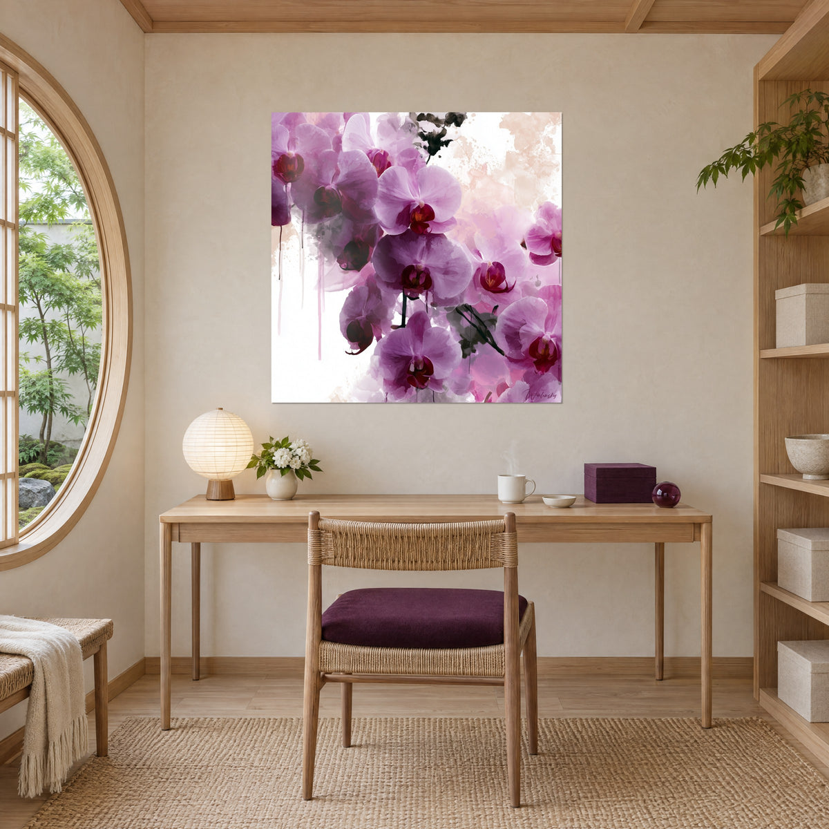 Cuadro de orquídeas en acuarela rosa pálido y púrpura intenso, toques beige polvoriento, encima de un escritorio de madera clara y una silla