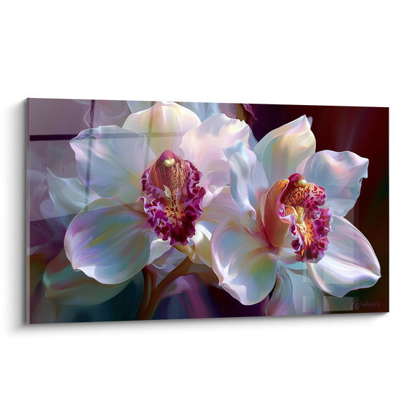 Tableau Orchidées blanches aux gorges pourpres - Souffle nacré - Edition Orchidée