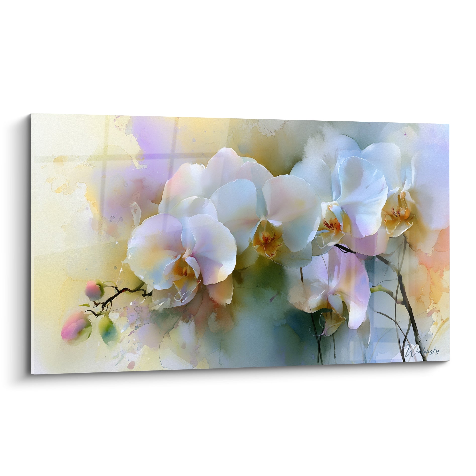 Orchidées blanches aux reflets lilas et ocre, pétales délicats sur fond aquarelle vaporeux