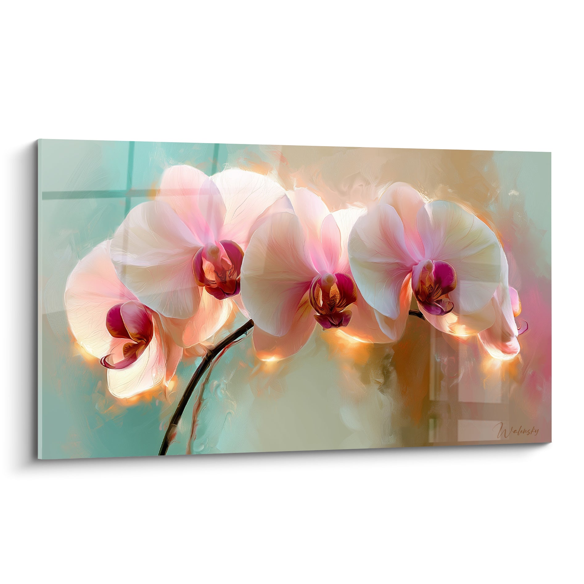 Orchidées blanches aux cœurs pourpres sur fond vert d'eau et ocre, style aquarelle lumineuse