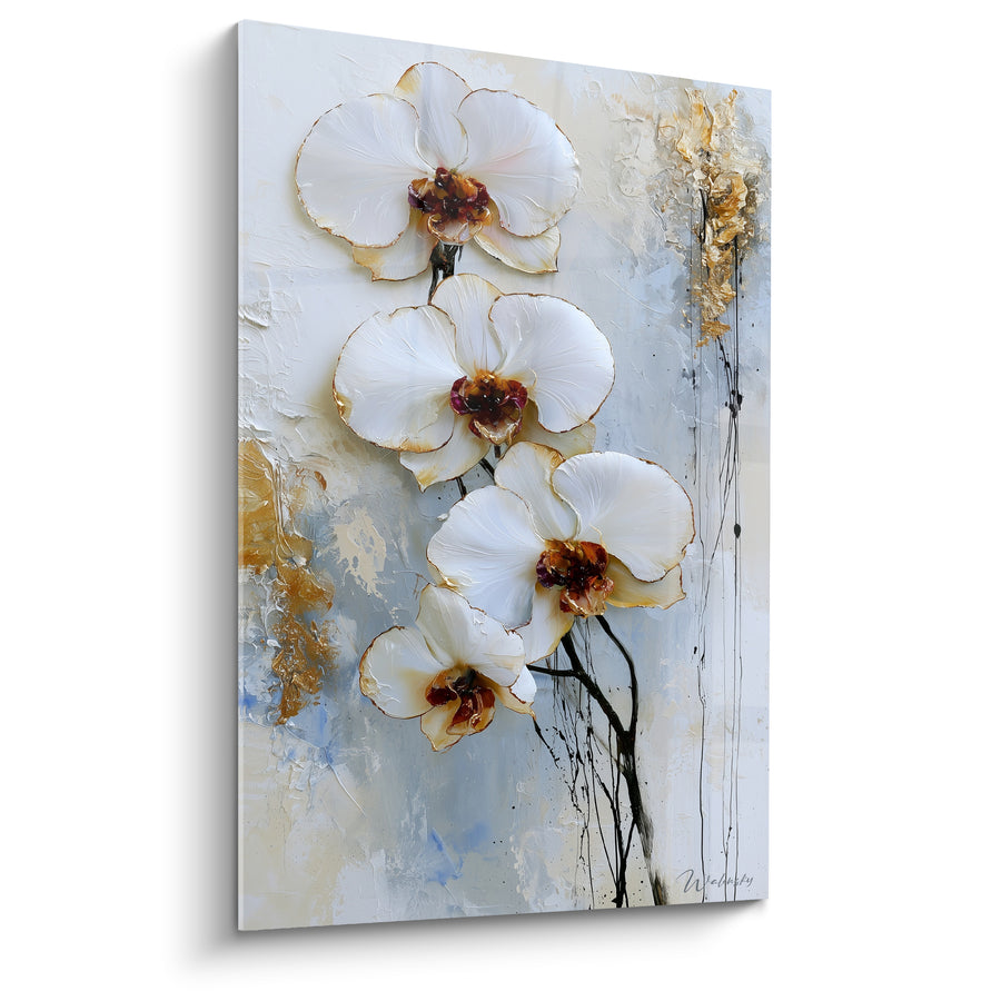 Tableau Orchidées blanches et dorées aux coulures noires ruisselantes - Éclaboussures d'encre verticales - Edition Orchidée