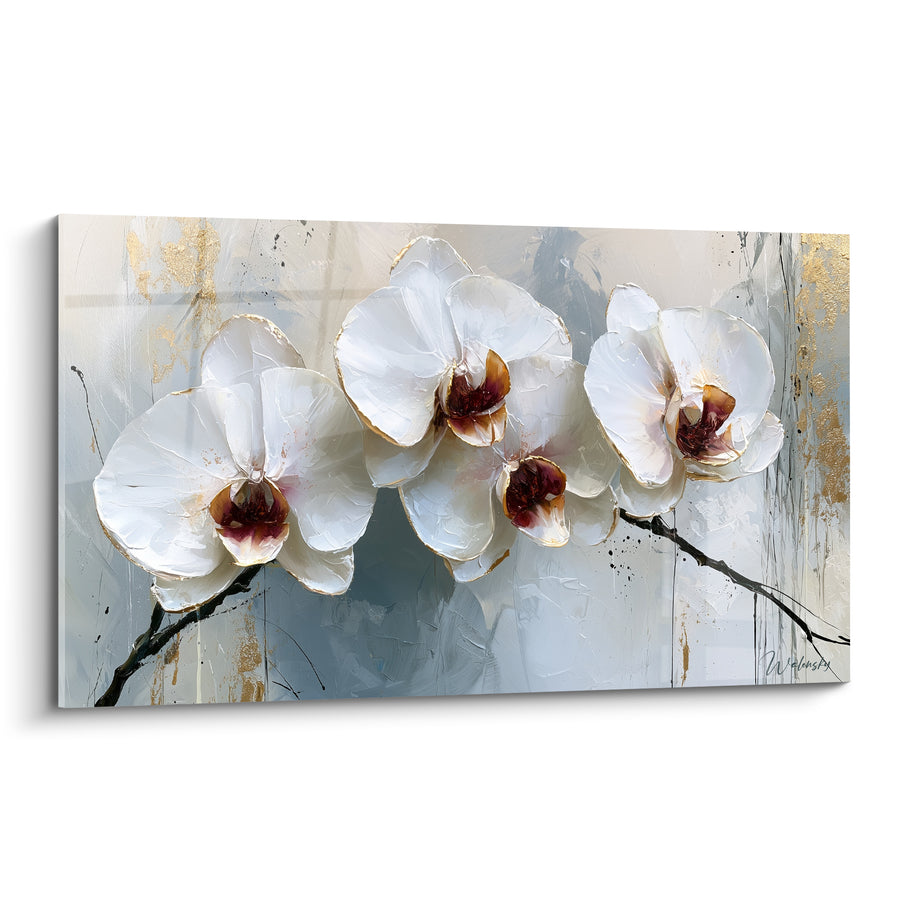 Tableau Orchidées blanches aux cœurs pourpres dorés - Grâce suspendue - Edition Orchidée