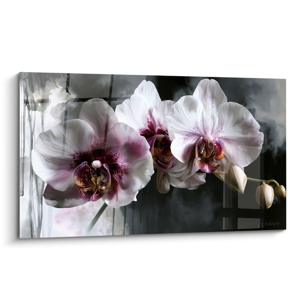 Tableau Orchidées blanches et grises aux coulures d'aquarelle - Boutons fermés en grappe - Edition Orchidée