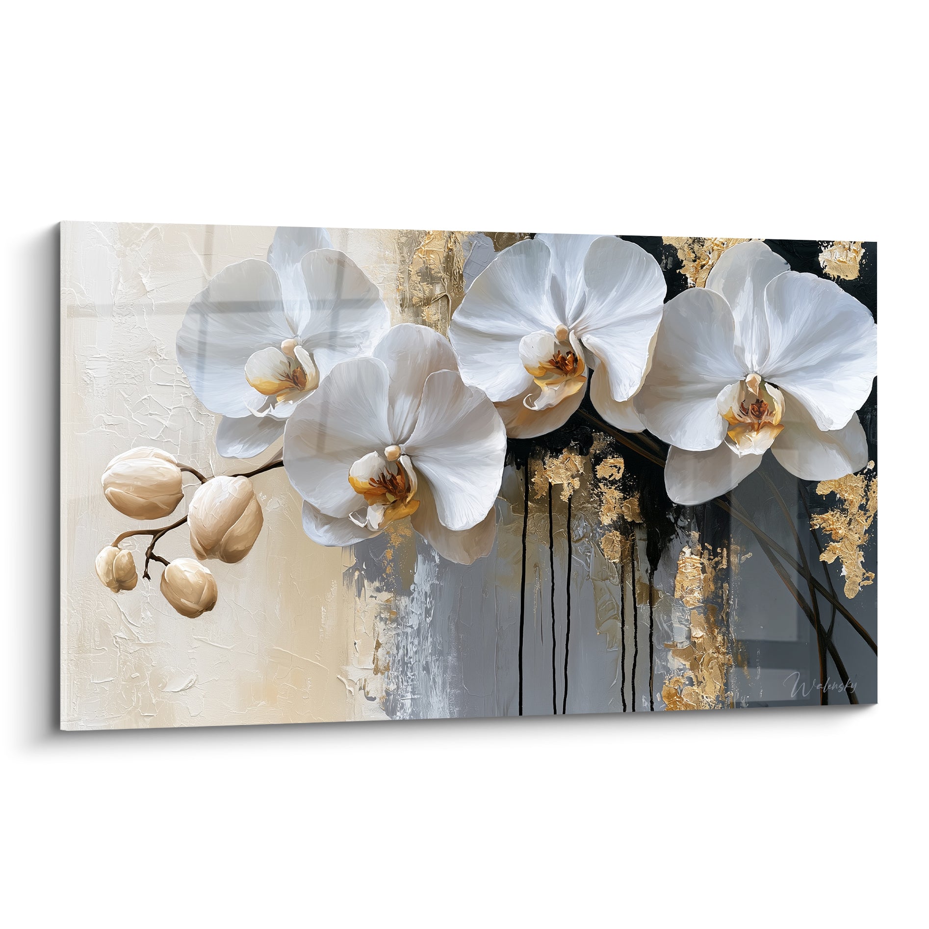 Orchidées blanches aux cœurs orangés, coulures dorées sur fond anthracite et beige texturé