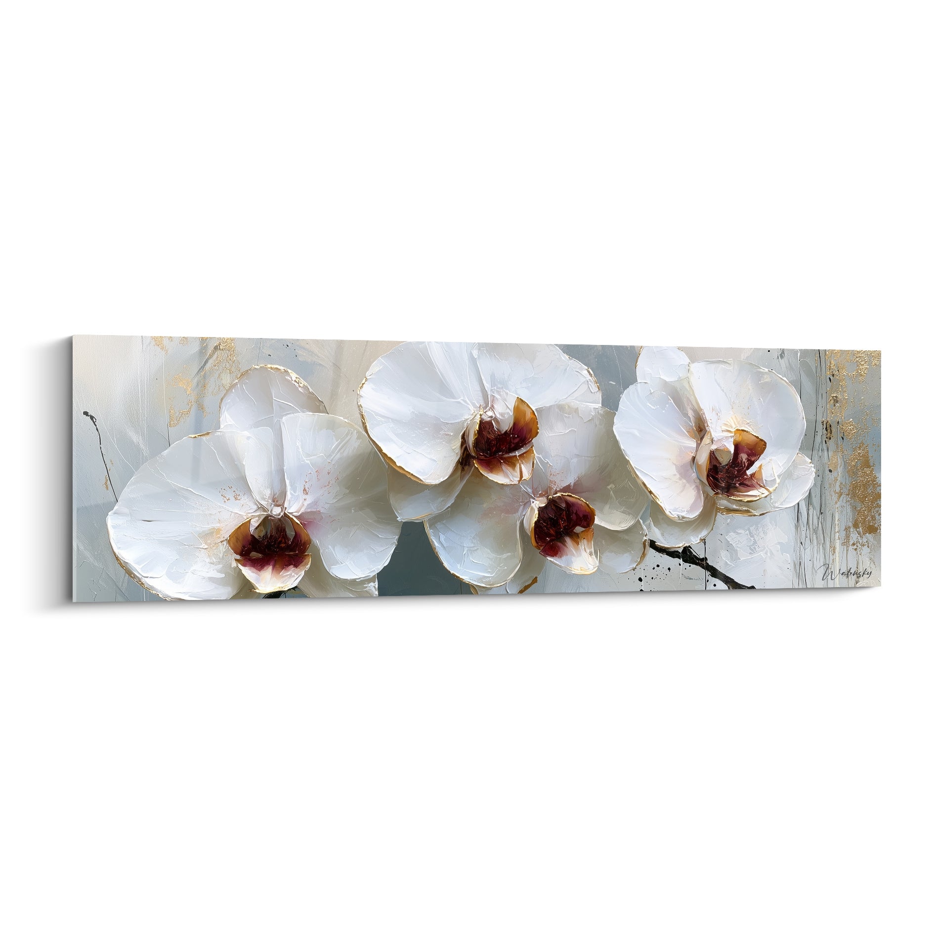 Trois orchidées blanches aux cœurs pourpres et dorés sur fond gris texturé peint