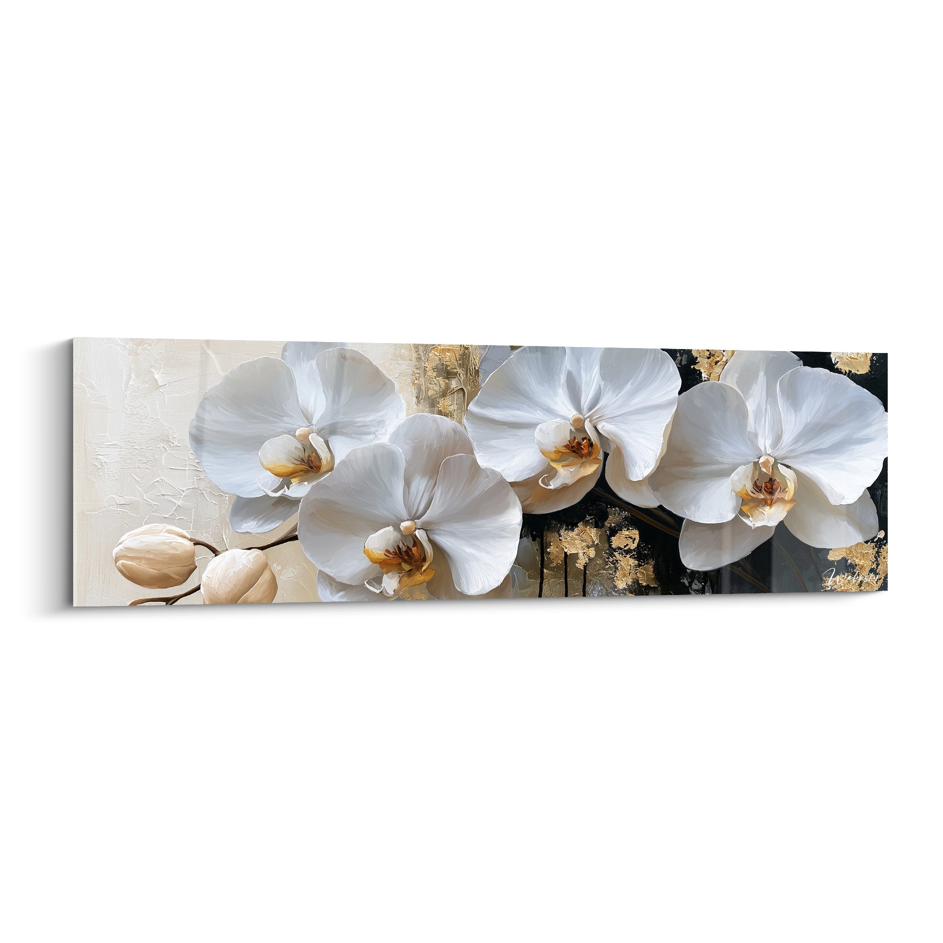 Orchidées blanches aux cœurs dorés se déployant sur fond ivoire et anthracite texturé