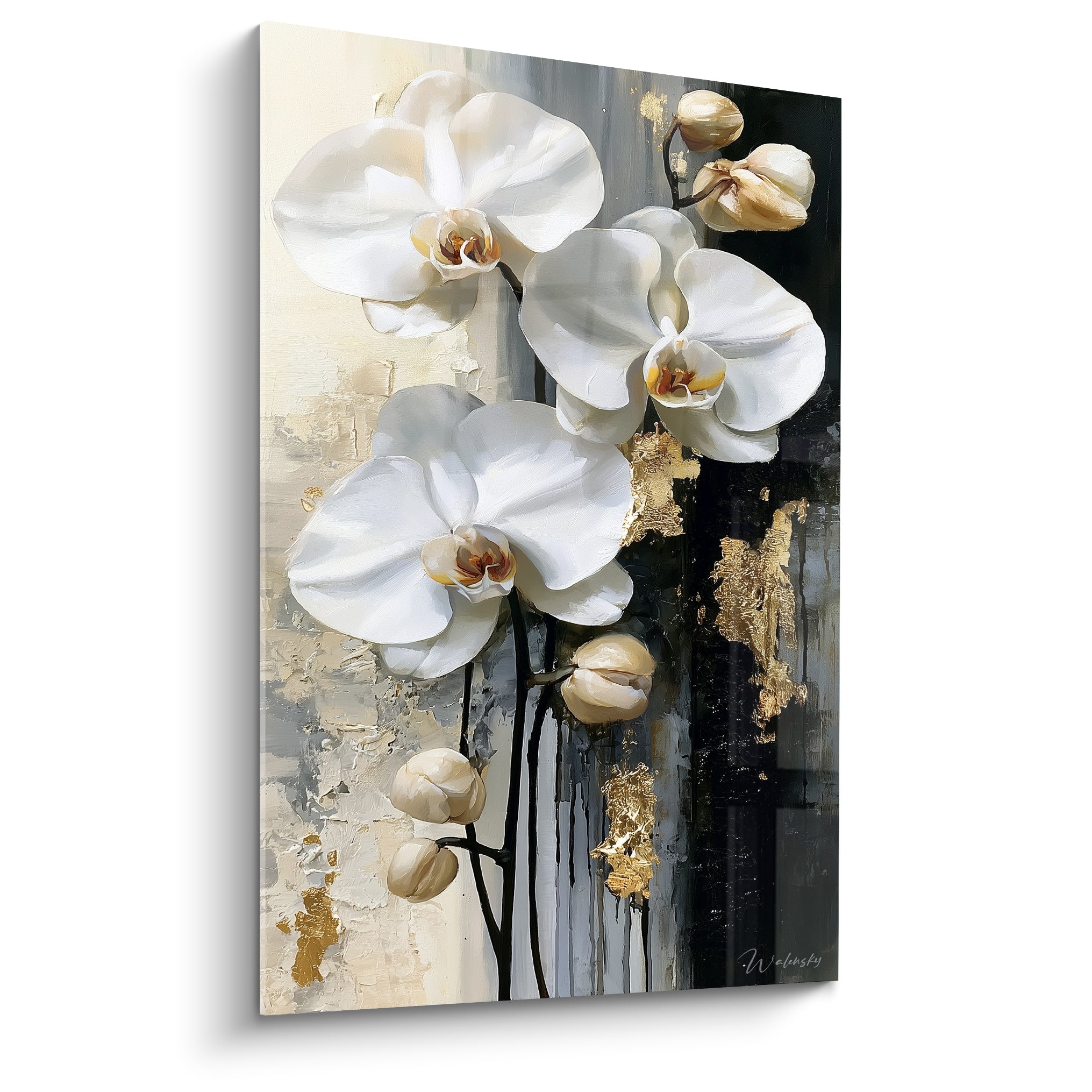 Orchidée blanche aux cœurs dorés sur fond noir et beige texturé à l'huile