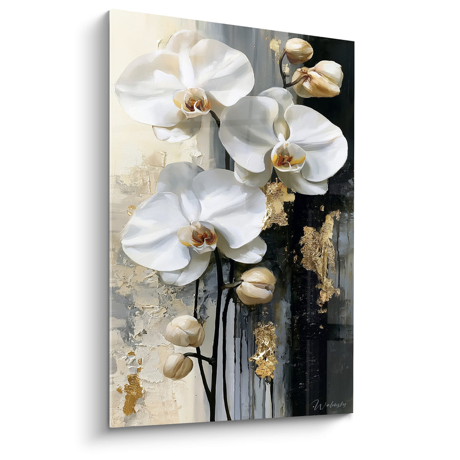 Tableau Orchidées blanches et noires aux éclats d'or froissé - Boutons crème en attente - Edition Orchidée
