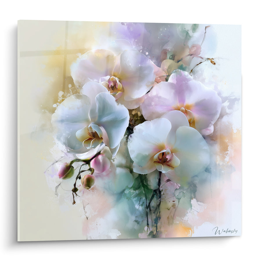 Tableau Orchidées blanches et lilas aux boutons roses - Éclaboussures aquarelle pastel - Edition Orchidée