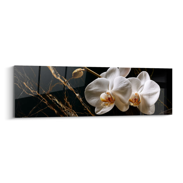 Tableau Orchidées blanches et noires sur marbre veiné doré - Bouton fermé effilé - Edition Orchidée