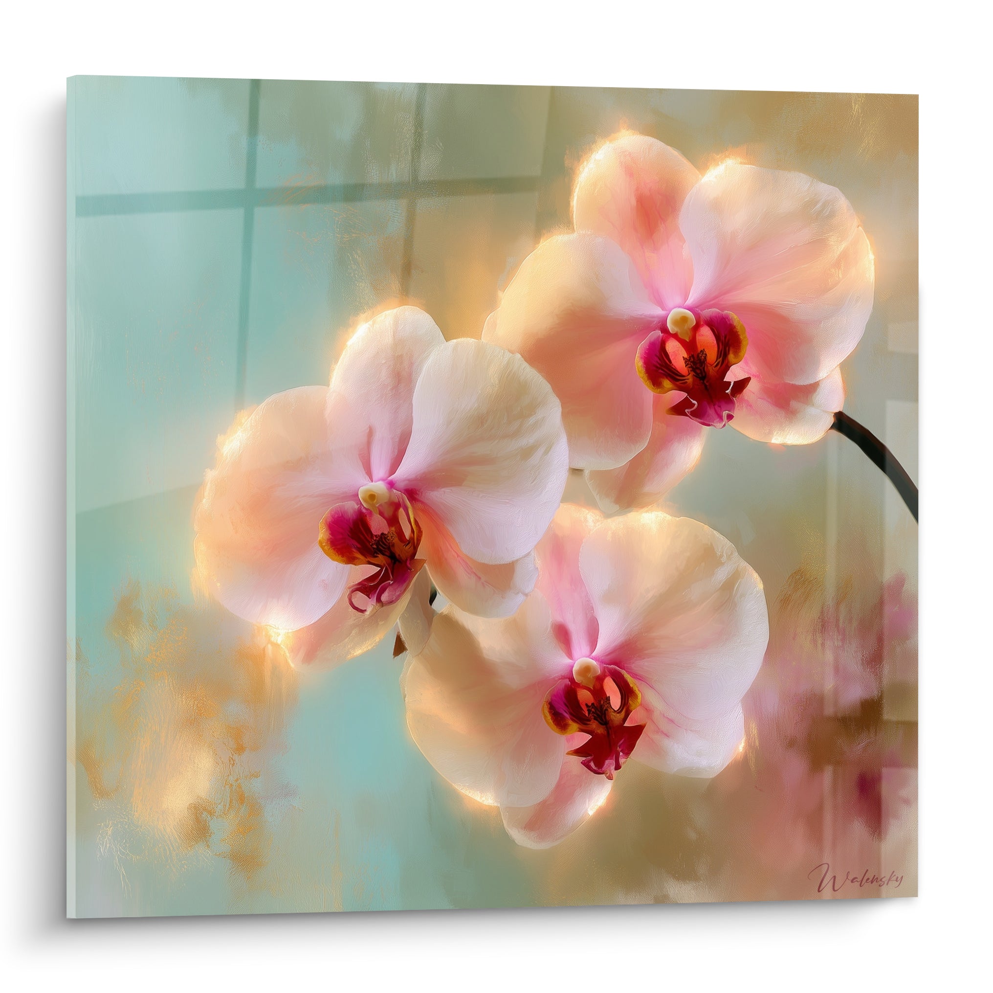 Orchidées blanches et roses aux cœurs pourpres se déploient sur fond turquoise et doré lumineux