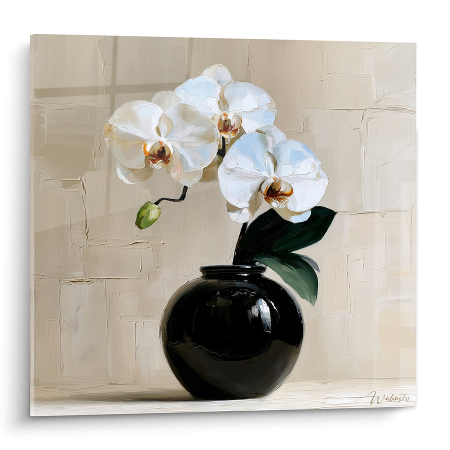 Tableau Orchidée blanche en vase noir rond - Élégance silencieuse - Edition Orchidée