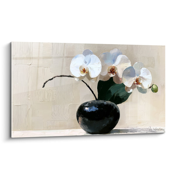 Tableau Orchidées blanches en vase noir rond - Douceur florale - Edition Orchidée