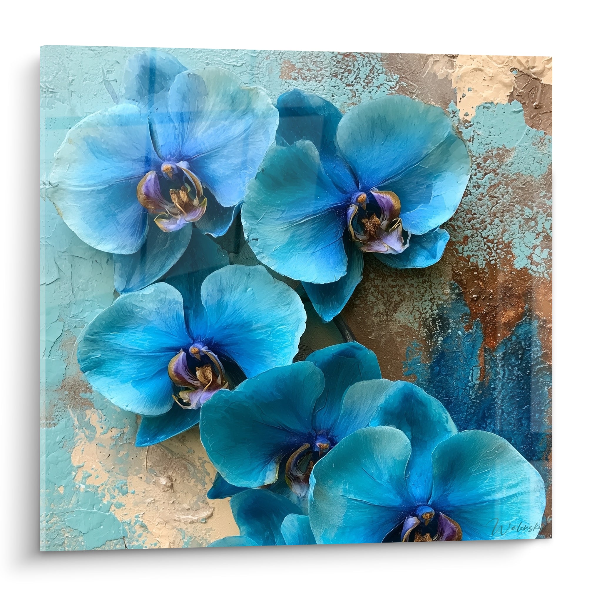 Orchidées bleu turquoise et violet aux pétales déployés sur fond cuivré texturé