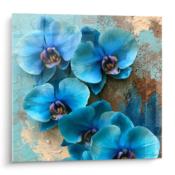 Tableau Orchidées bleu turquoise et cuivre texturé - Éveil floral - Edition Orchidée