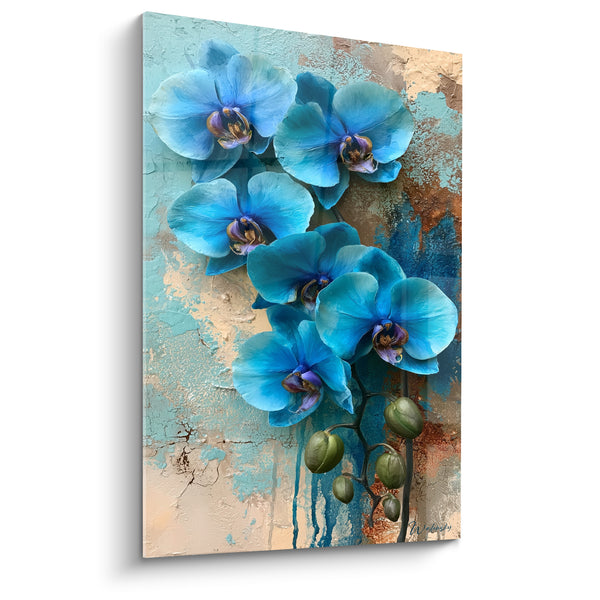 Tableau Orchidées bleu turquoise sur fond ocre - Éveil végétal - Edition Orchidée
