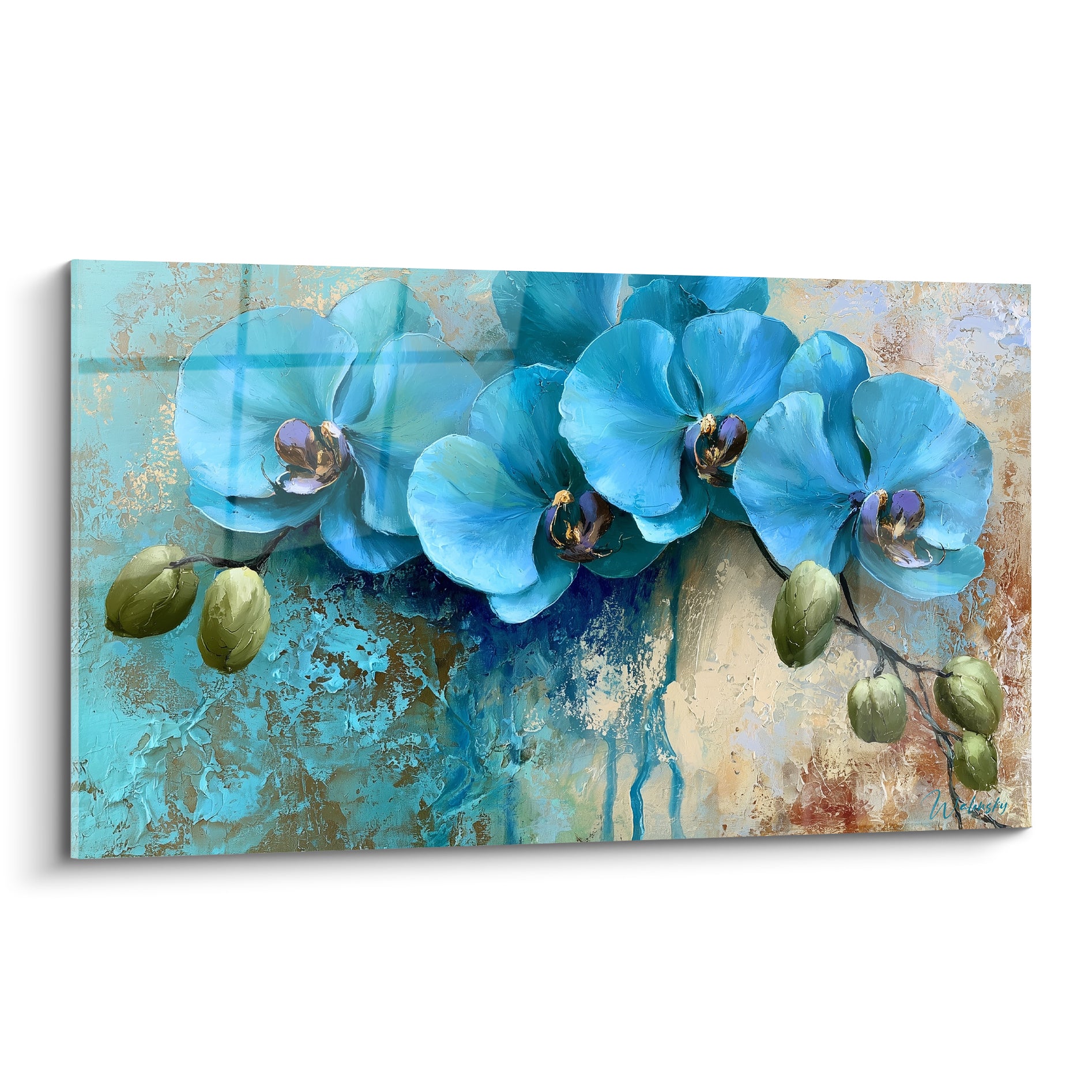Orchidées bleu turquoise aux cœurs violets sur fond texturé ocre et brun doré