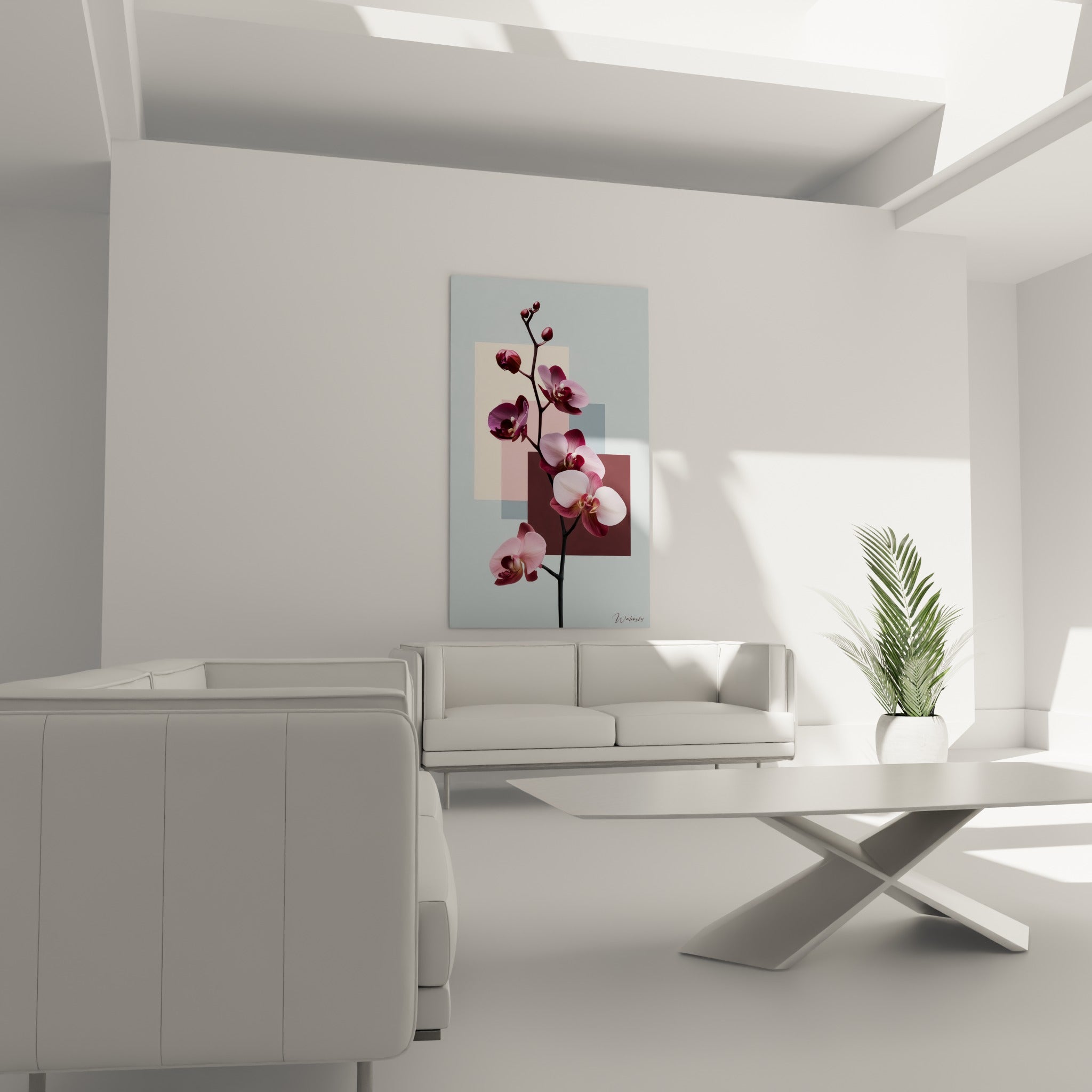 Fleurs d'orchidée bordeaux et blanc cassé installées au-dessus d'un canapé dans un salon lumineux
