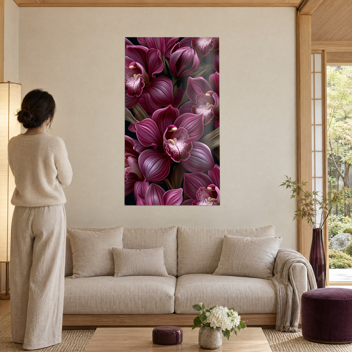 Gemälde Purpurne Orchideen mit blassrosa gefransten Lippen, gestreifte Blütenblätter auf schwarzem Hintergrund, Frau von hinten, über einem Sofa in einem hellen Wohnzimmer