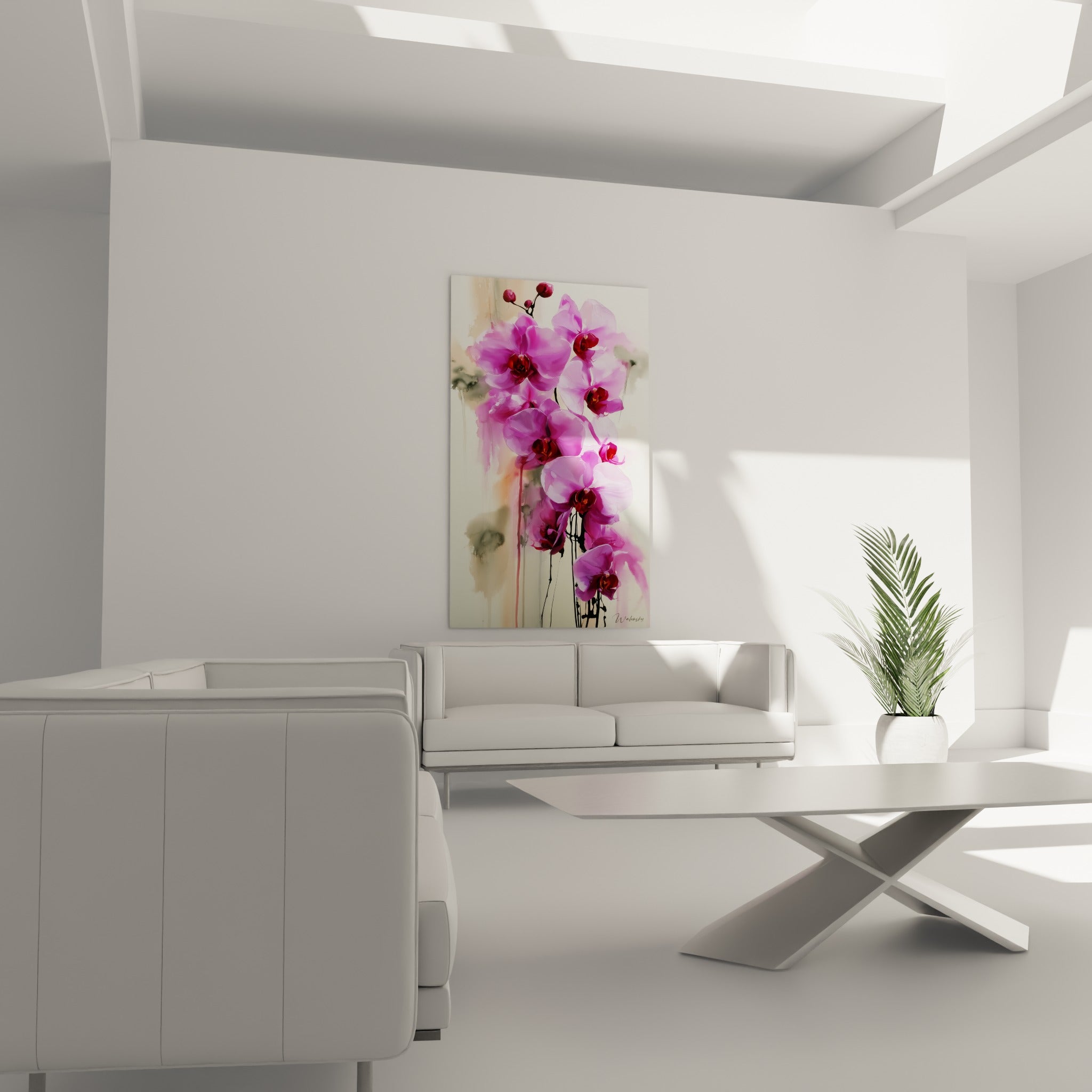 Fleurs d'orchidée rose et pourpre suspendues au-dessus d'un canapé dans un salon lumineux