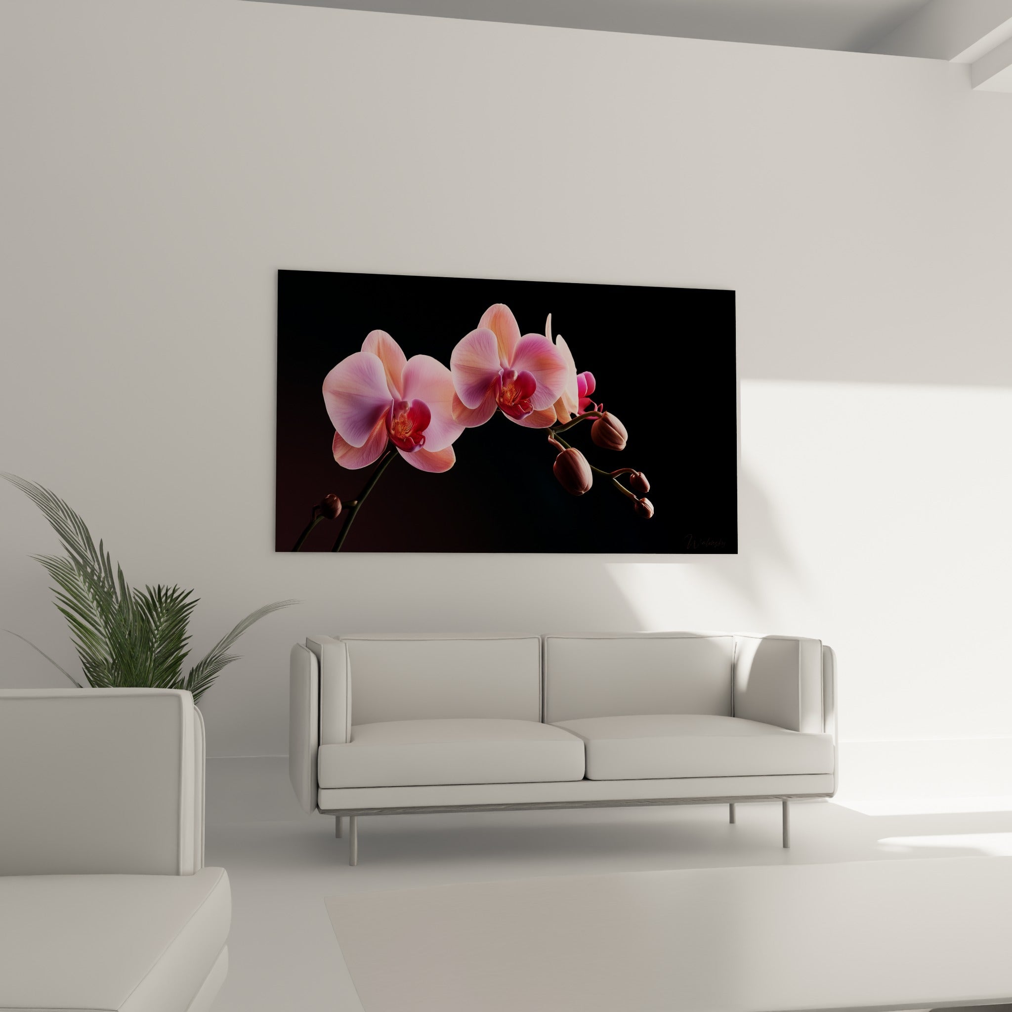 Branche d'orchidée aux teintes bordeaux et pêche placée au-dessus d'un canapé dans un salon lumineux